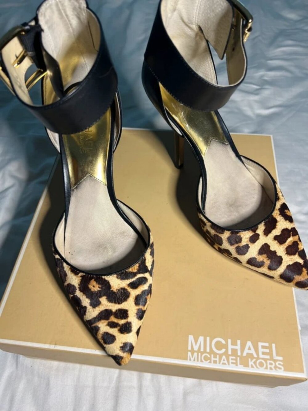 Michael Kors Leopard Print Pointed Toe Ankle Strap Heels - Black & Brown